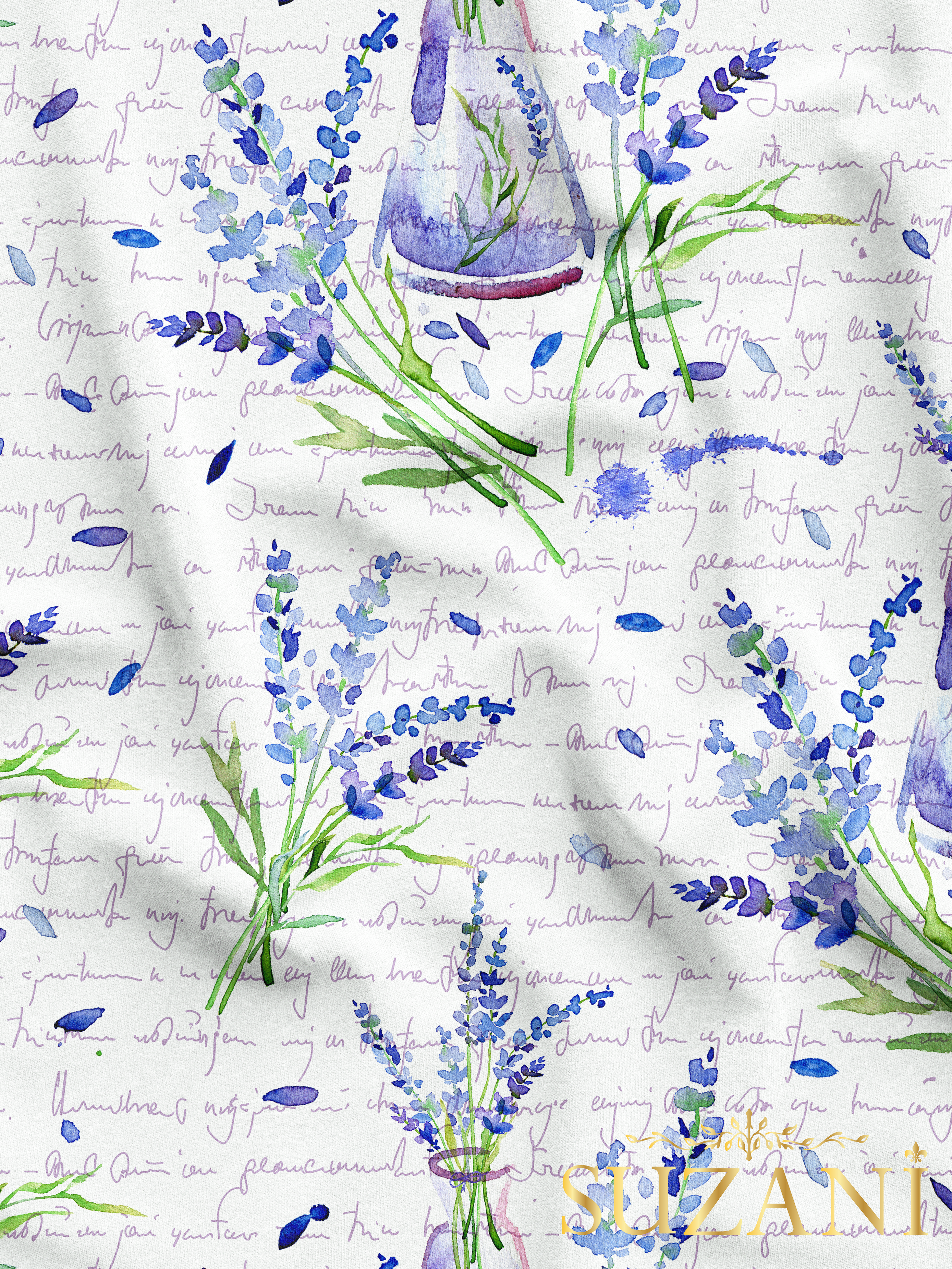 Lavanta Bahçesi Beyaz Zemin Desenli Dijital Baskılı Kumaş