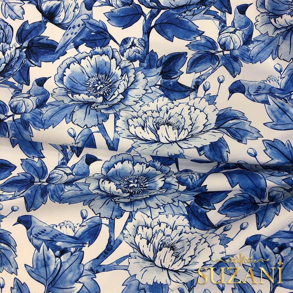 Mavi Büyük Çiçek Desenli Dijital Baskılı Kumaş