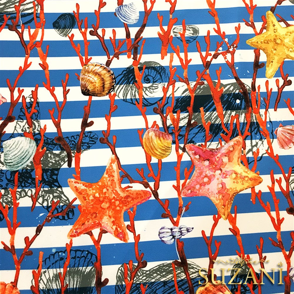 Mavi Çizgili Deniz Yıldızı Desenli Kumaş