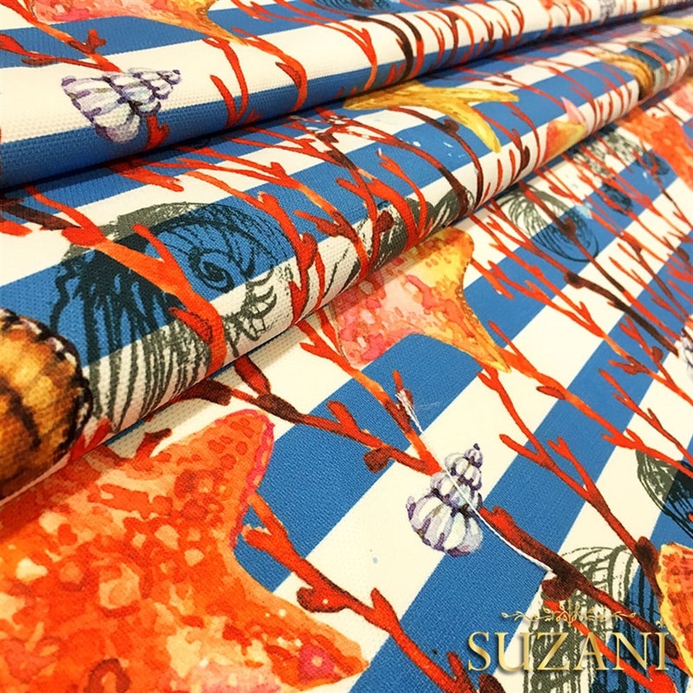 Mavi Çizgili Deniz Yıldızı Desenli Kumaş