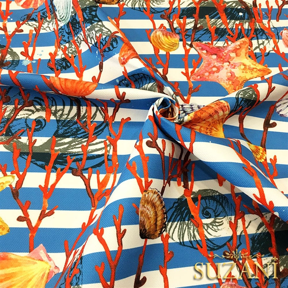 Mavi Çizgili Deniz Yıldızı Desenli Kumaş