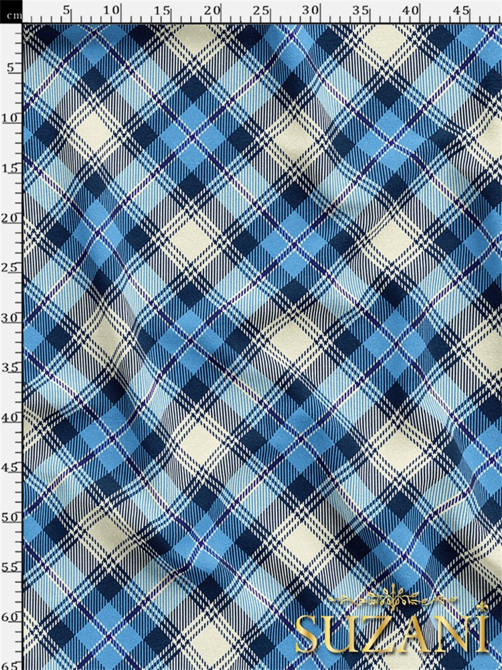 Mavi Ekose Desenli Dijital Baskılı Kumaş