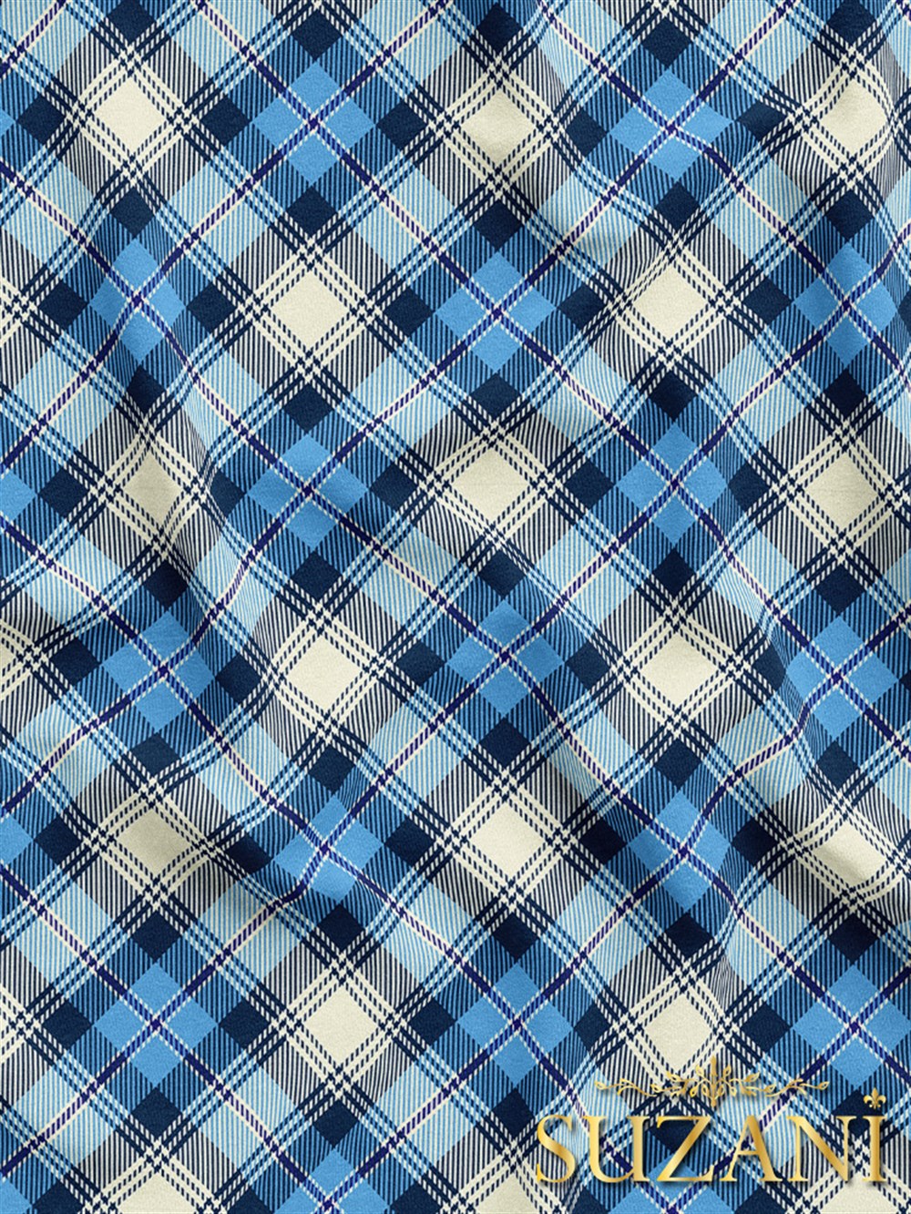 Mavi Ekose Desenli Dijital Baskılı Kumaş