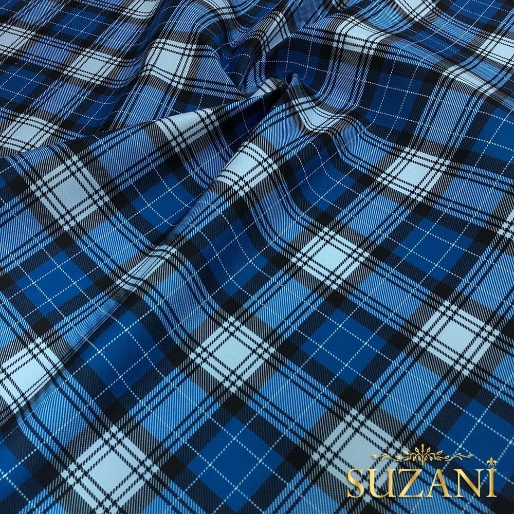 Mavi Ekose Desenli Dijital Baskılı Kumaş