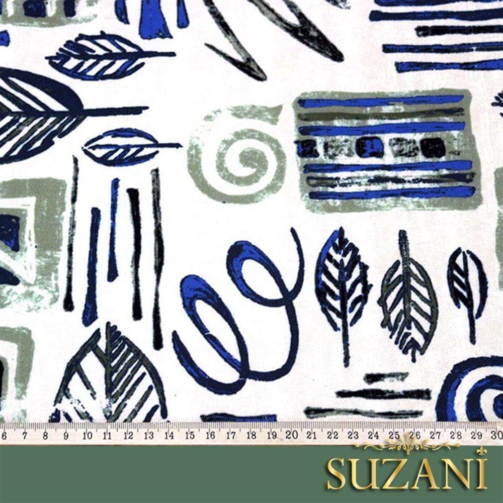 Mavi Fosil Yaprak Desenli Kumaş