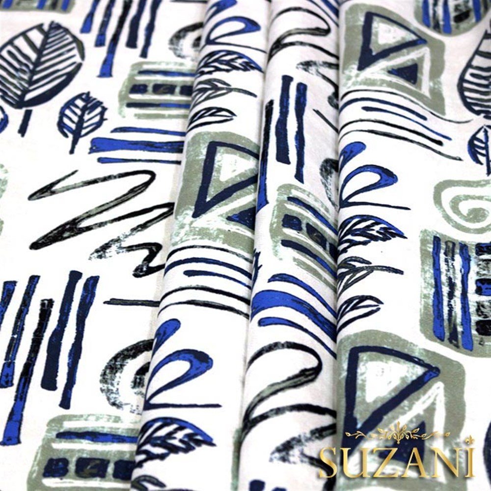 Mavi Fosil Yaprak Desenli Kumaş