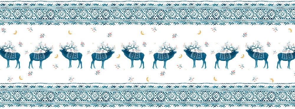 Mavi Geyikli Runner Desenli Dijital Baskılı Kumaş