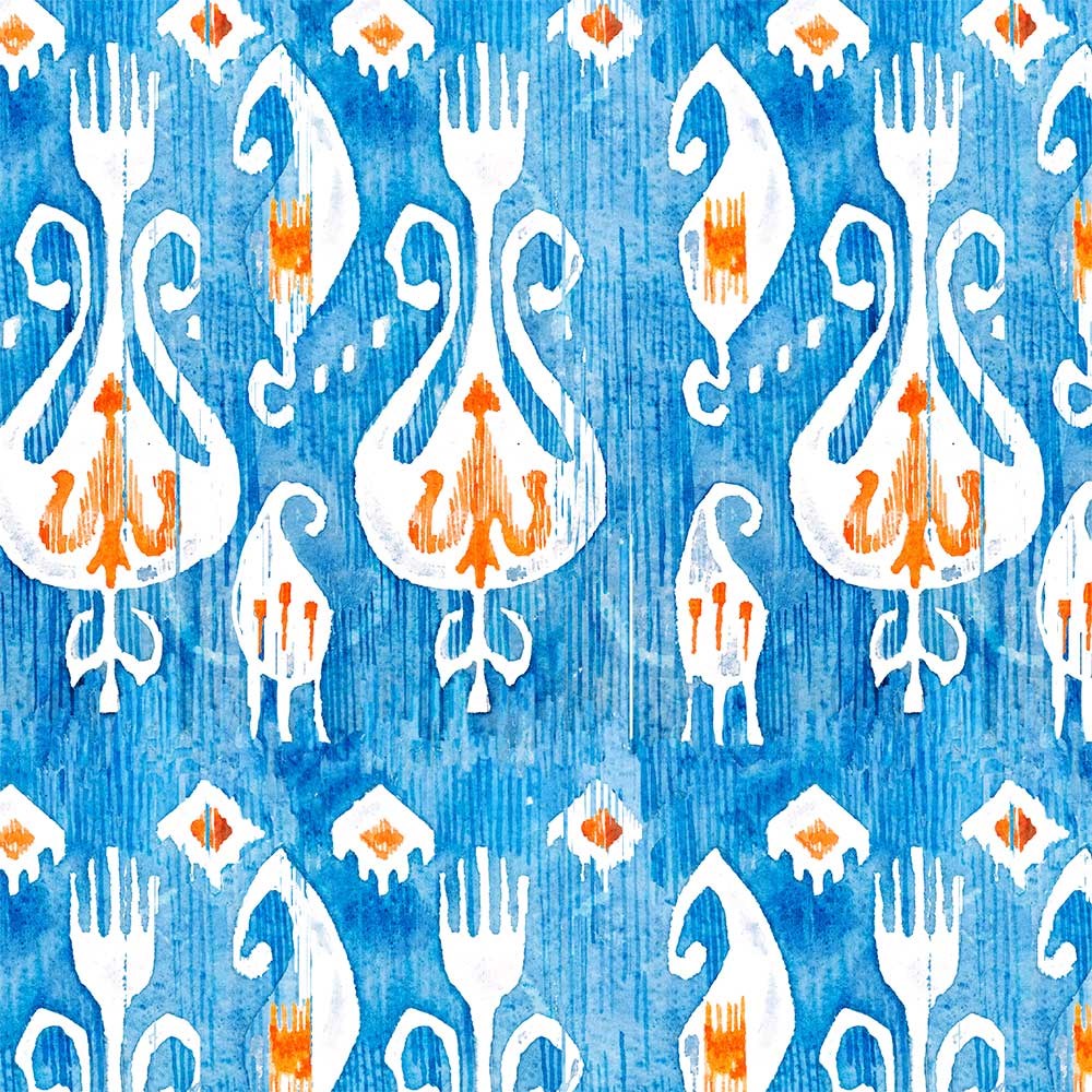 Mavi İkat Desenli Dijital Baskılı Kumaş