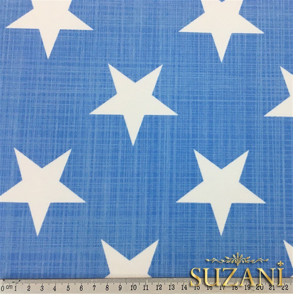 Mavi Keten Efekt Yıldız Desenli Kumaş