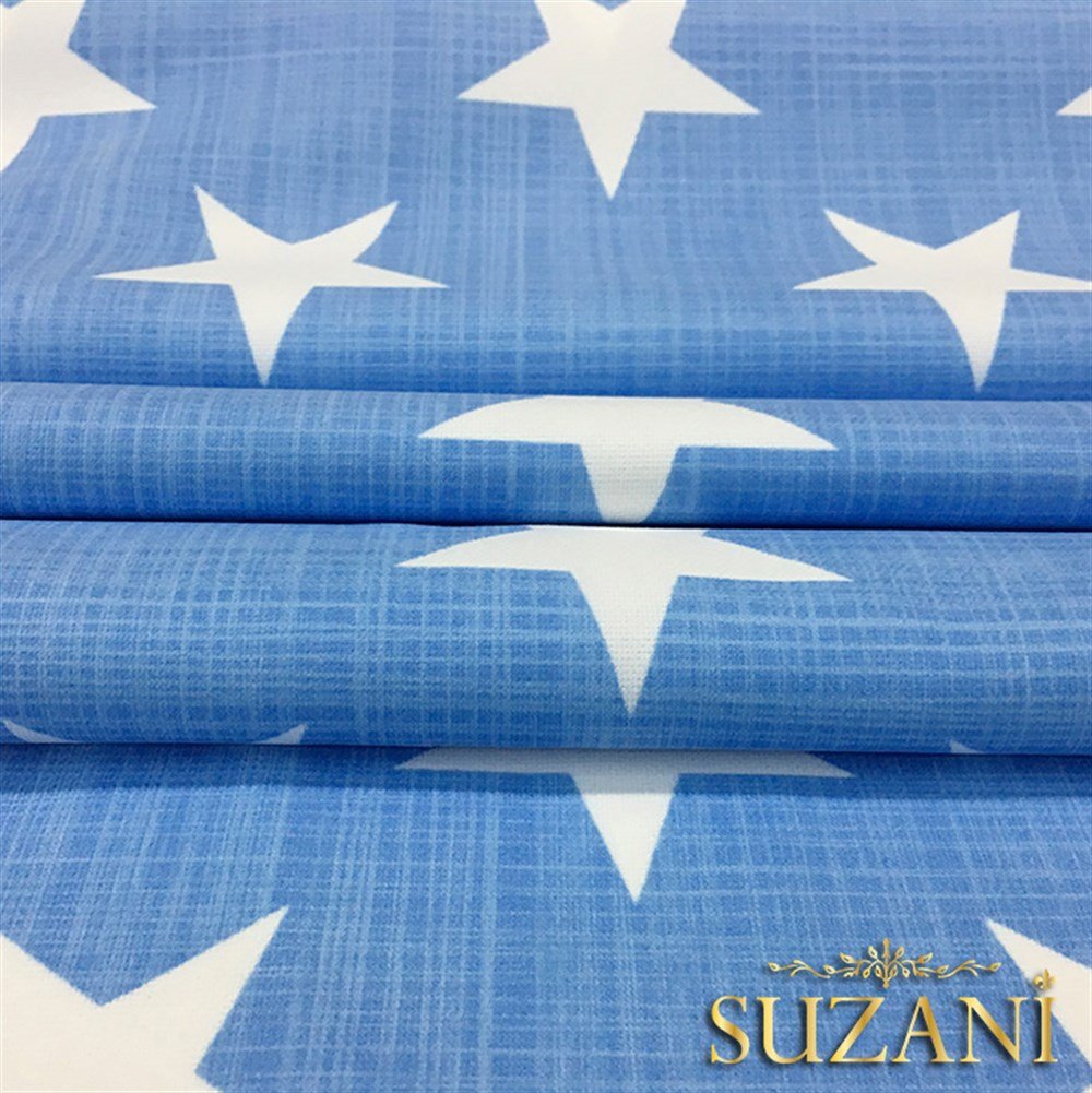 Mavi Keten Efekt Yıldız Desenli Kumaş