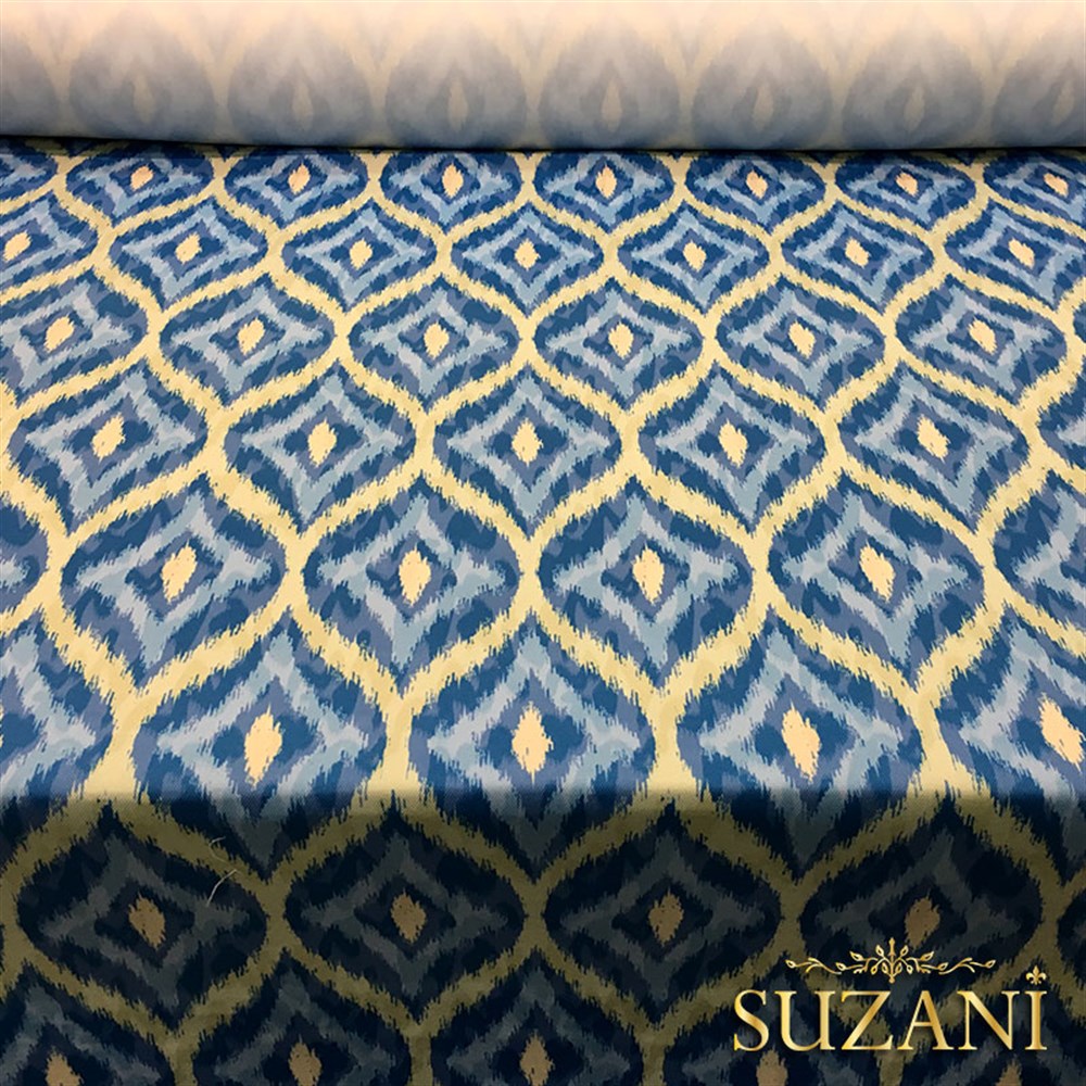 Mavi Krem İkat Desenli Kumaş