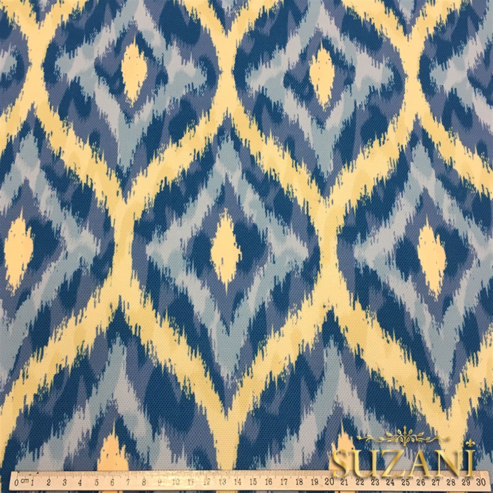 Mavi Krem İkat Desenli Kumaş