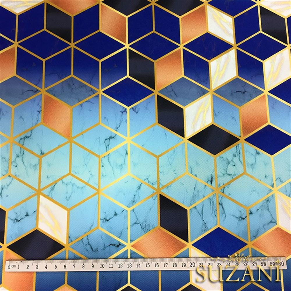 Mavi Küpler ve Mermer Desenli Kumaş