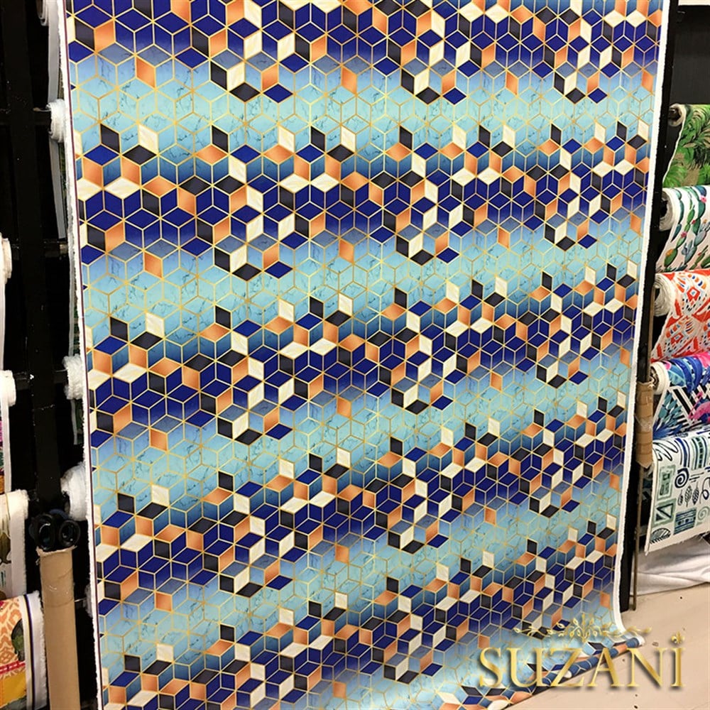 Mavi Küpler ve Mermer Desenli Kumaş