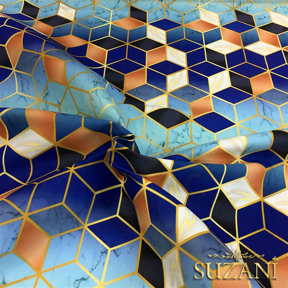 Mavi Küpler ve Mermer Desenli Kumaş