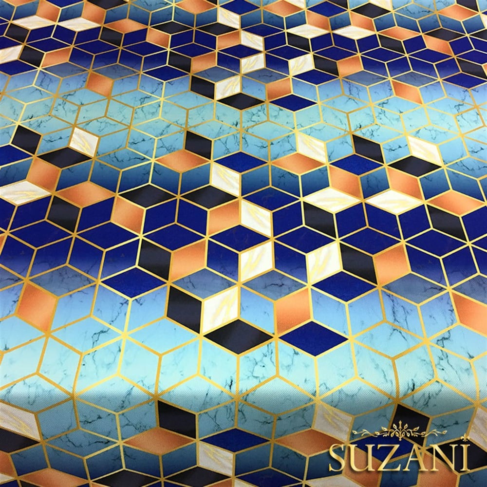 Mavi Küpler ve Mermer Desenli Kumaş