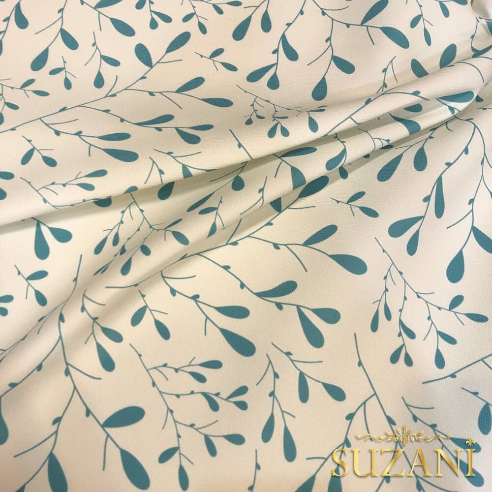Mavi Minik Yaprak Desenli Dijital Baskılı Kumaş
