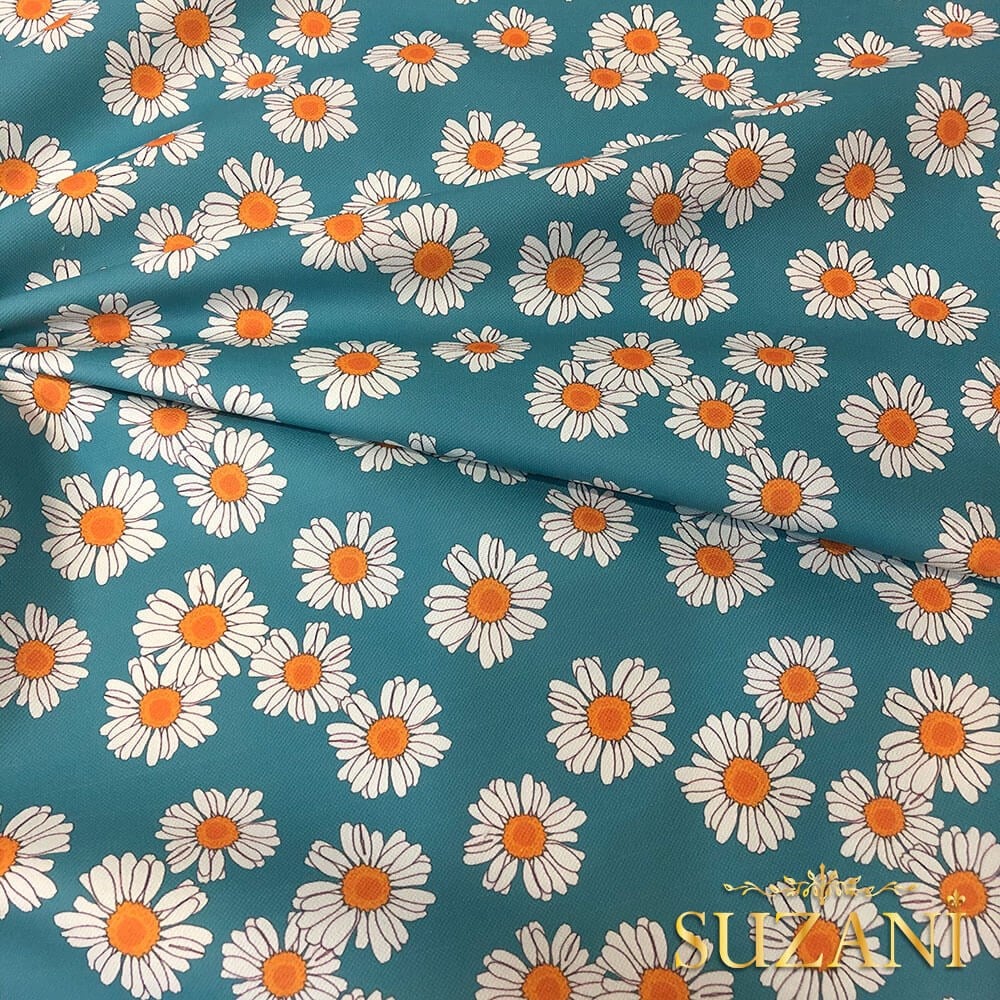 Mavi Papatya Desenli Dijital Baskılı Kumaş