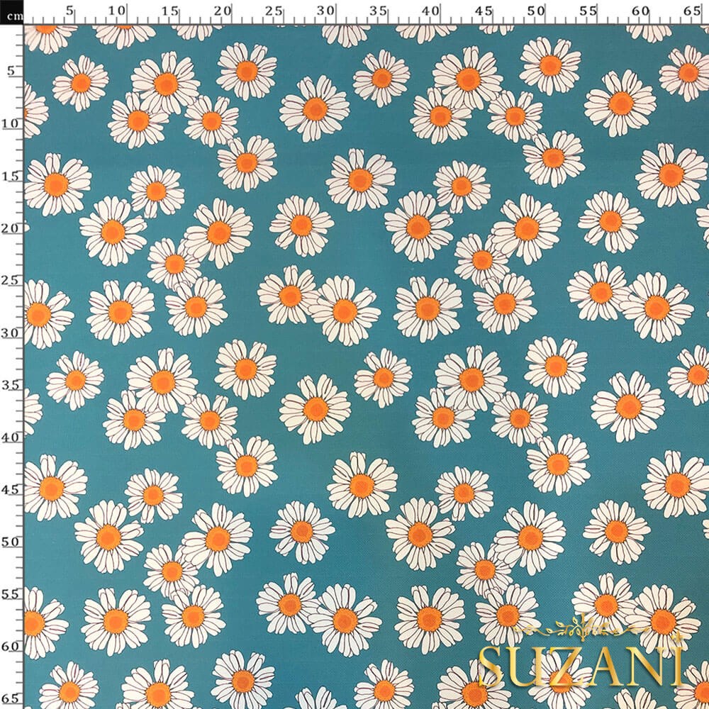 Mavi Papatya Desenli Dijital Baskılı Kumaş