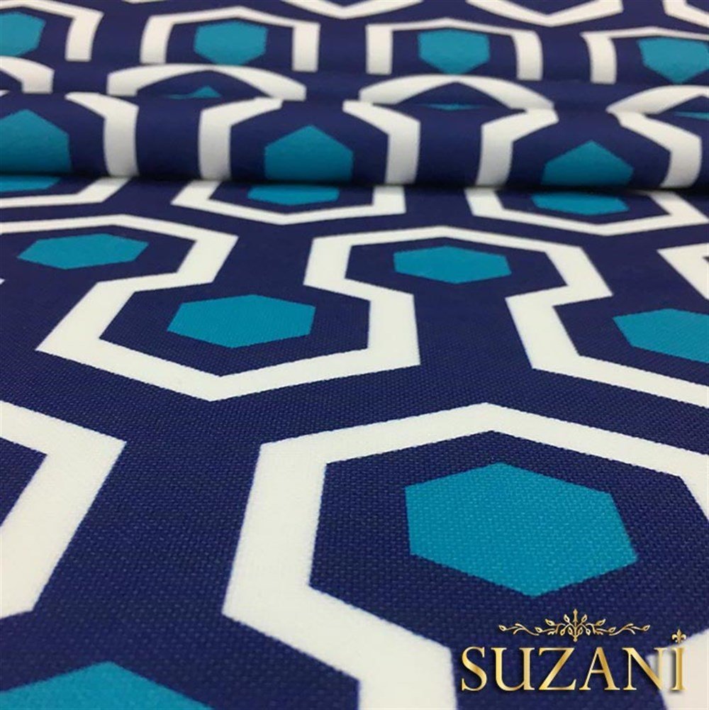 Mavi Petek Madalyon Desenli Kumaş