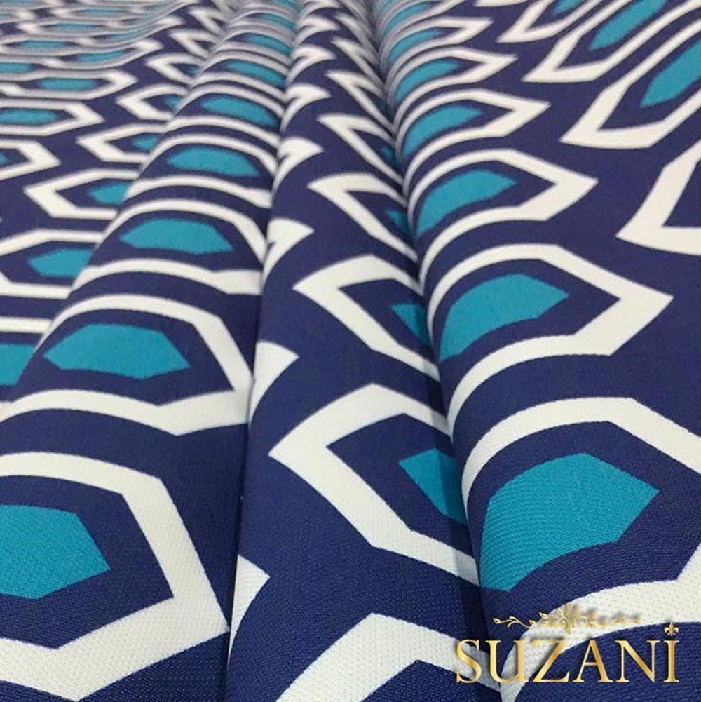 Mavi Petek Madalyon Desenli Kumaş