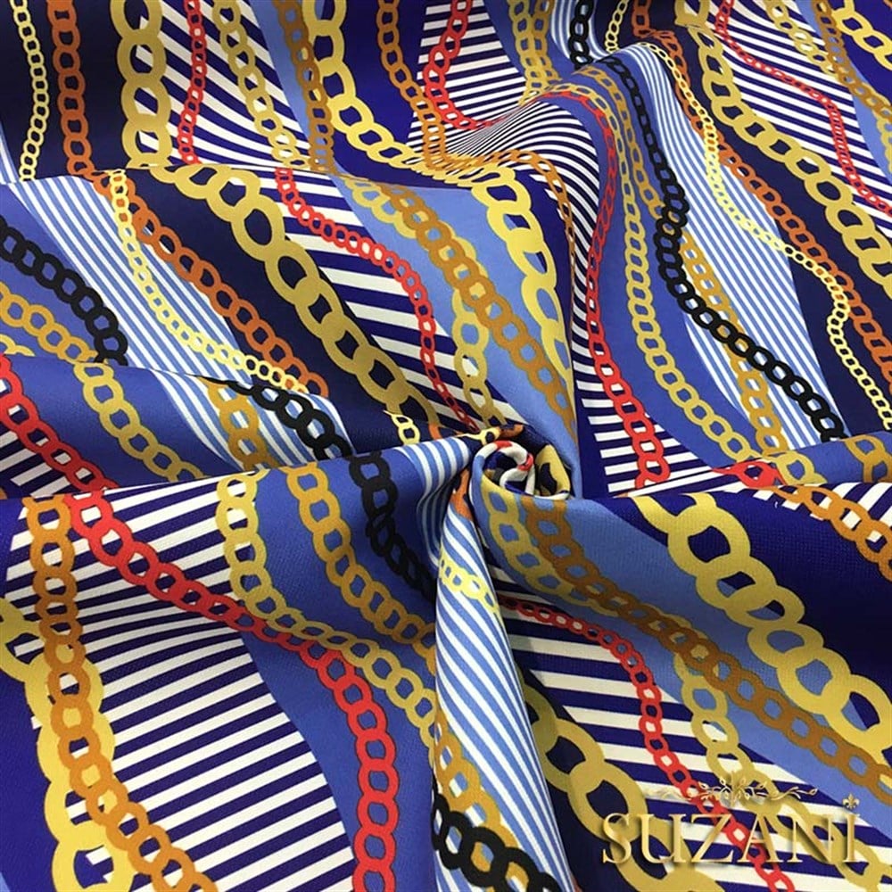 Mavi Sarı Zincir Desenli Kumaş