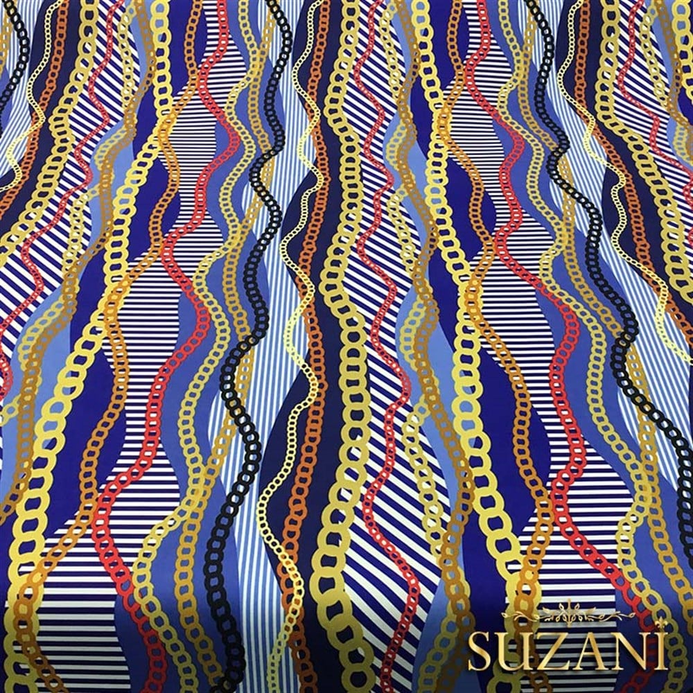 Mavi Sarı Zincir Desenli Kumaş