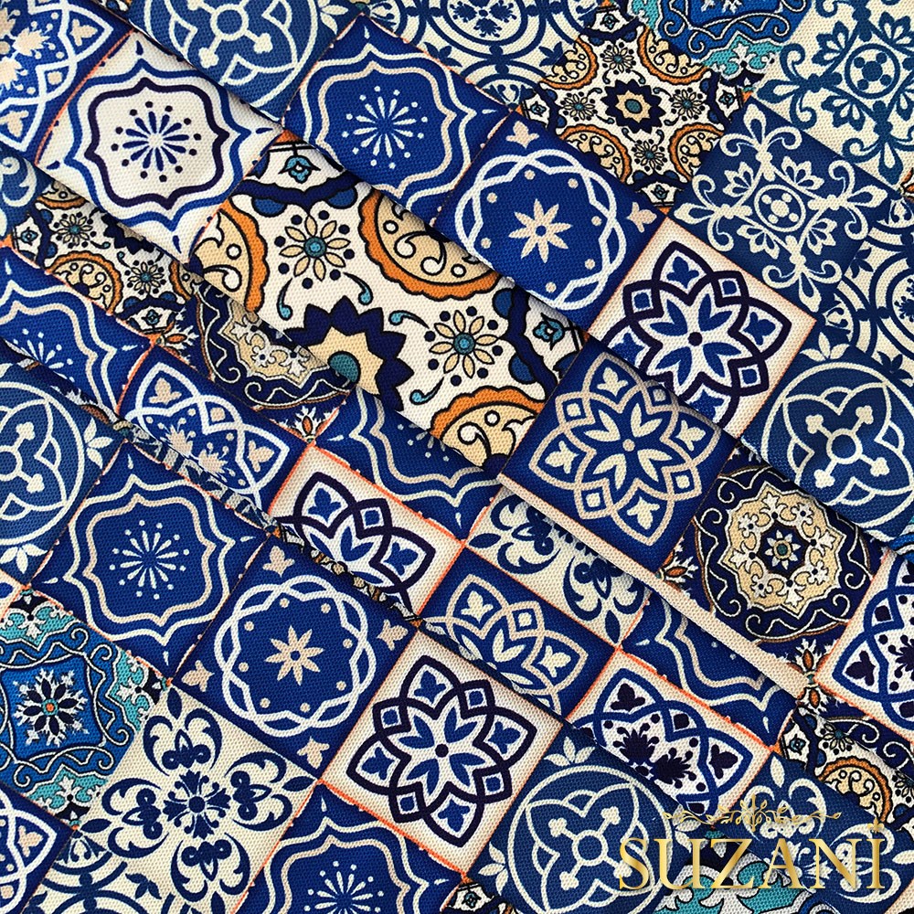 Mavi Seramik Desenli Dijital Baskılı Kumaş (Pembe)