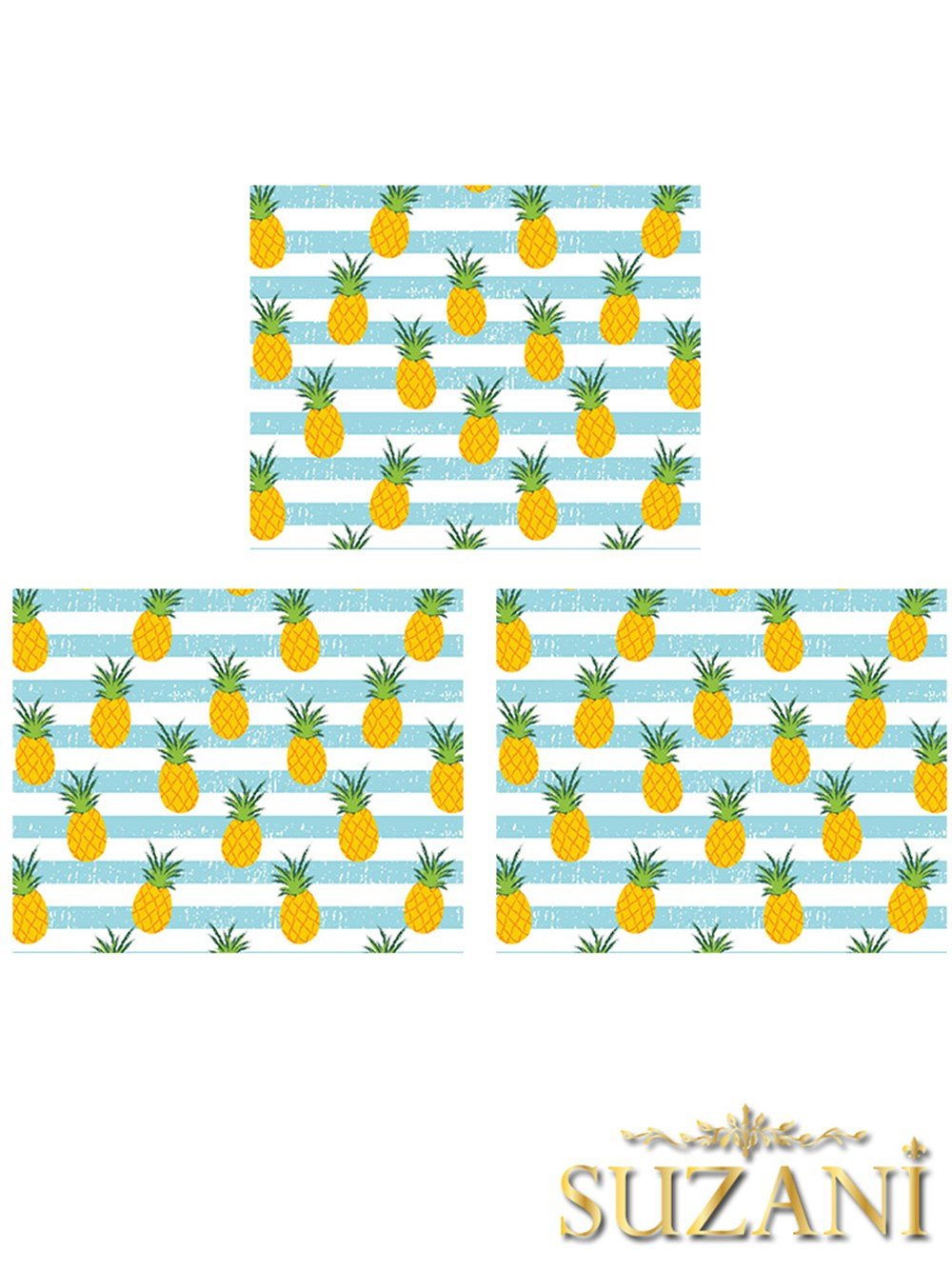 Mavi Şerit Zeminli Ananas Desenli 3'lü Beslenme Örtüsü, Amerikan Servisi Kumaşı