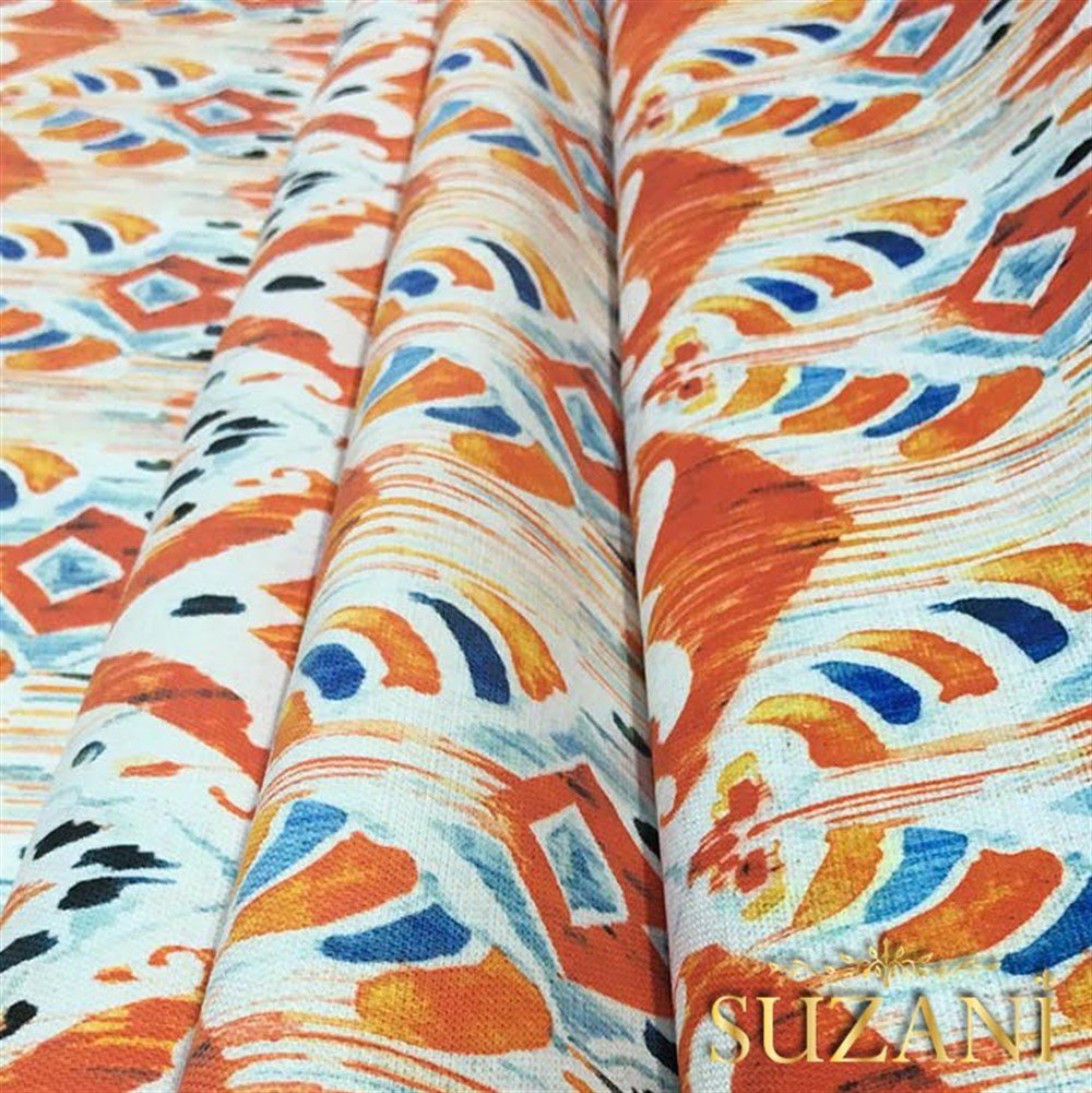 Mavi Turuncu Damask Desenli Kumaş