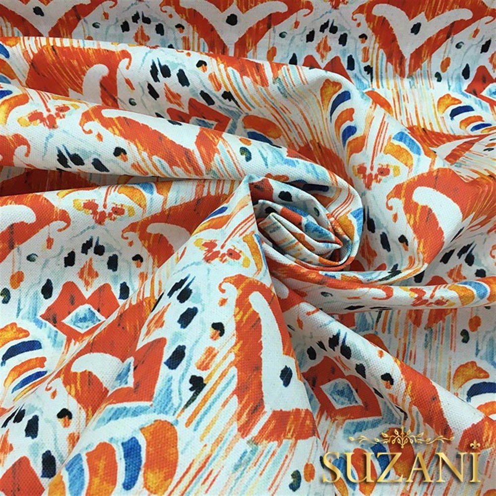 Mavi Turuncu Damask Desenli Kumaş