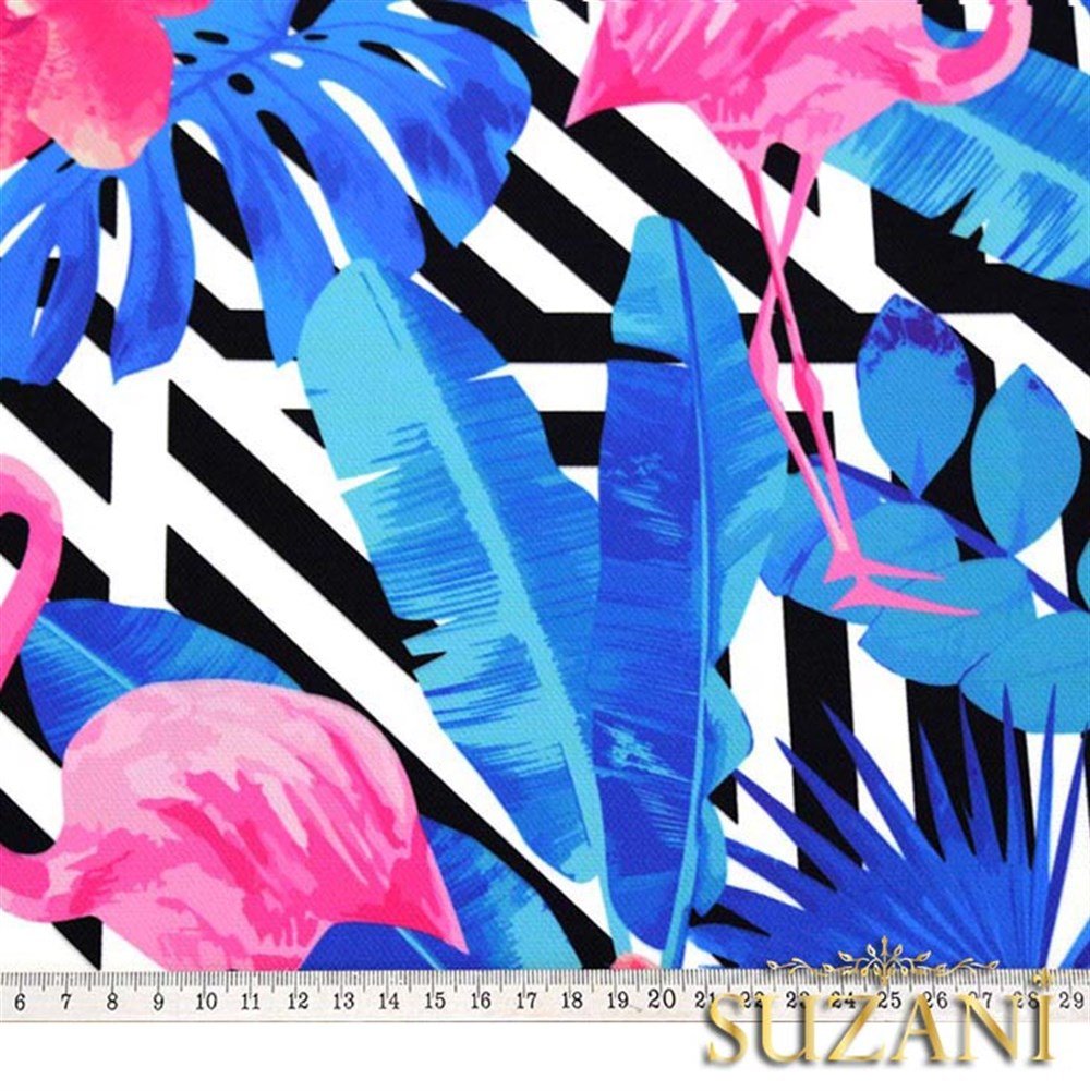 Mavi Yapraklı Flamingo Desenli Kumaş