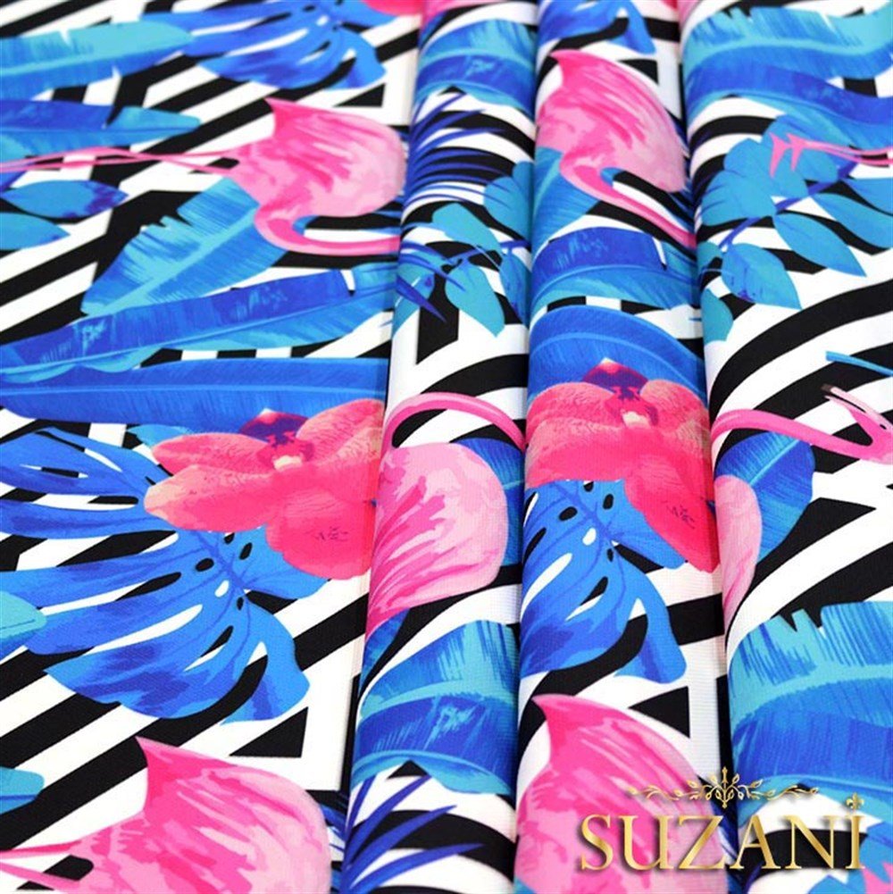 Mavi Yapraklı Flamingo Desenli Kumaş