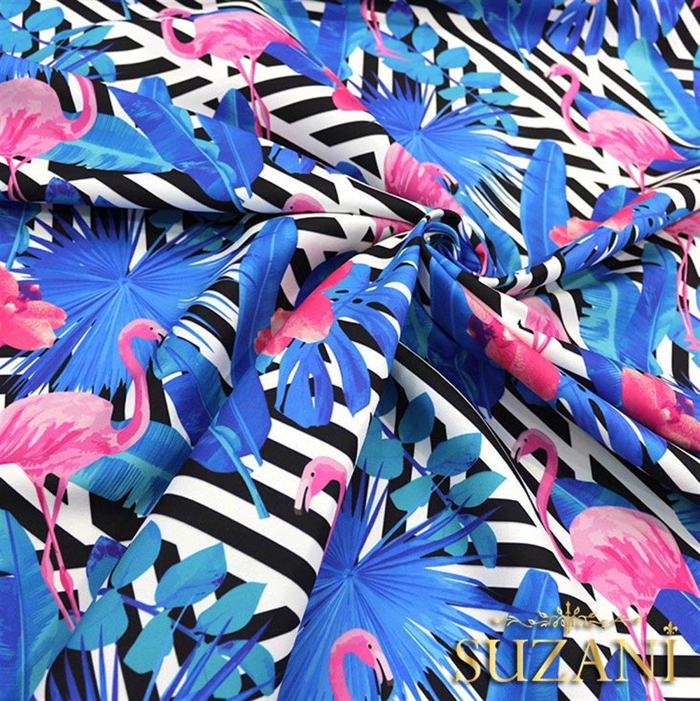 Mavi Yapraklı Flamingo Desenli Kumaş