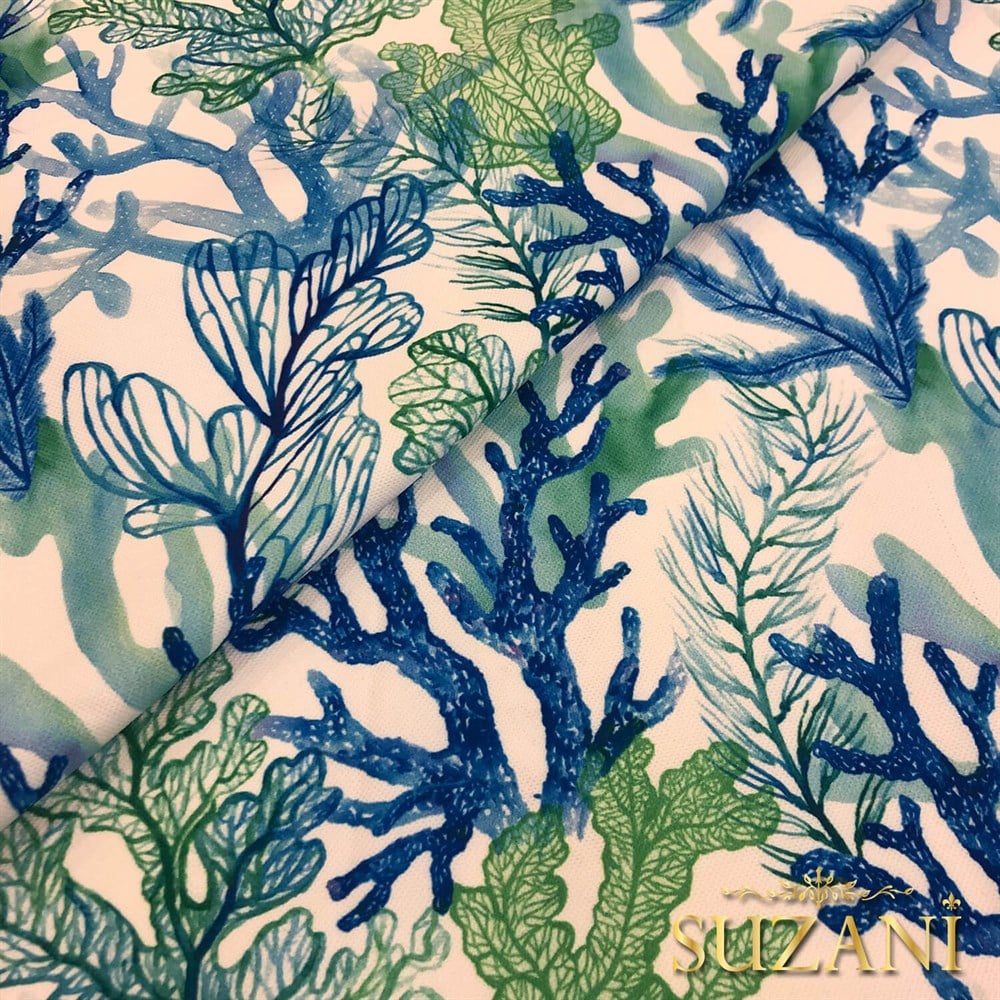 Mavi Yeşil Mercan Desenli Dijital Baskılı Kumaş