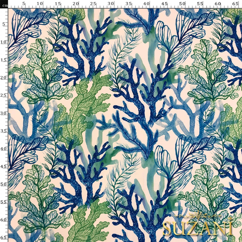 Mavi Yeşil Mercan Desenli Dijital Baskılı Kumaş