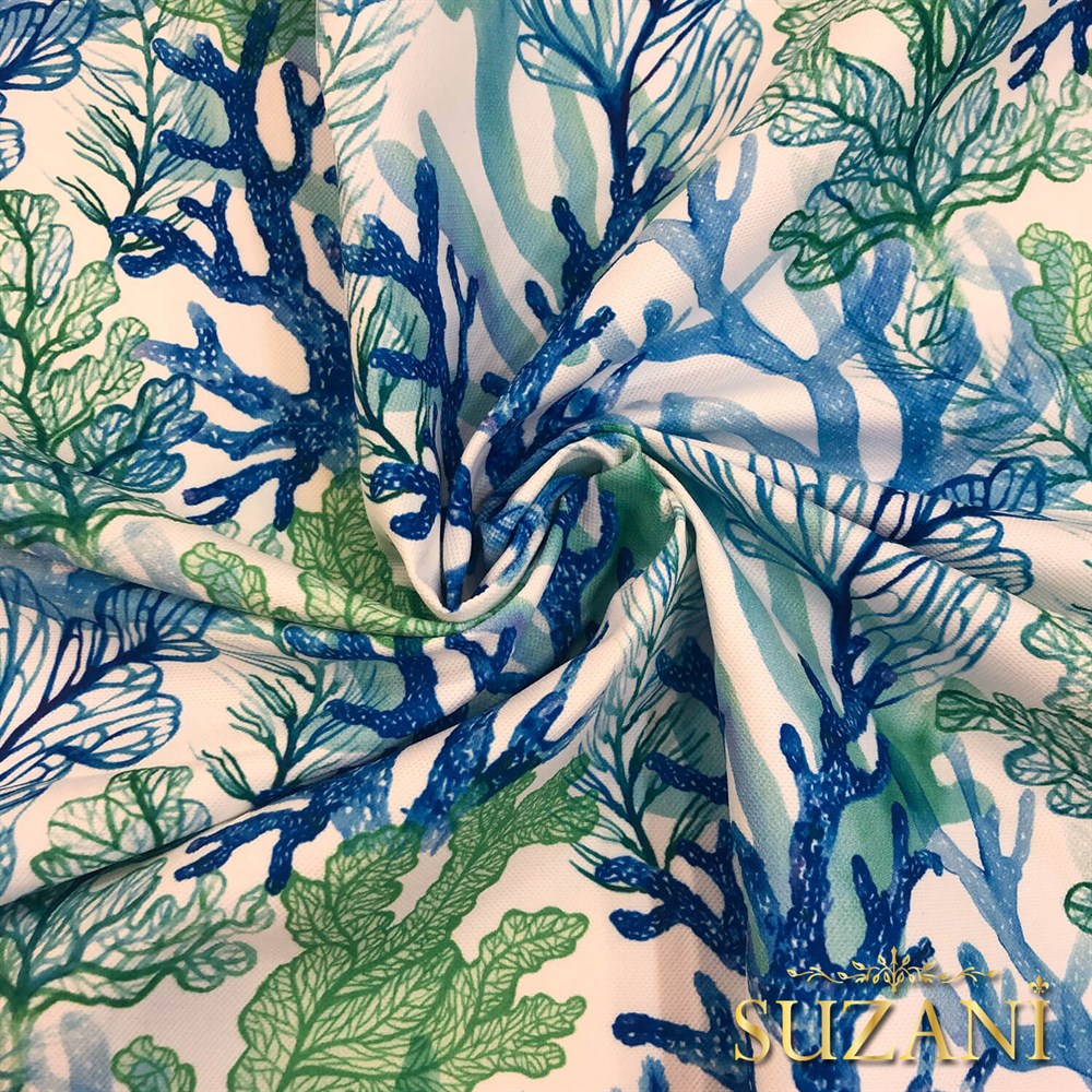 Mavi Yeşil Mercan Desenli Dijital Baskılı Kumaş