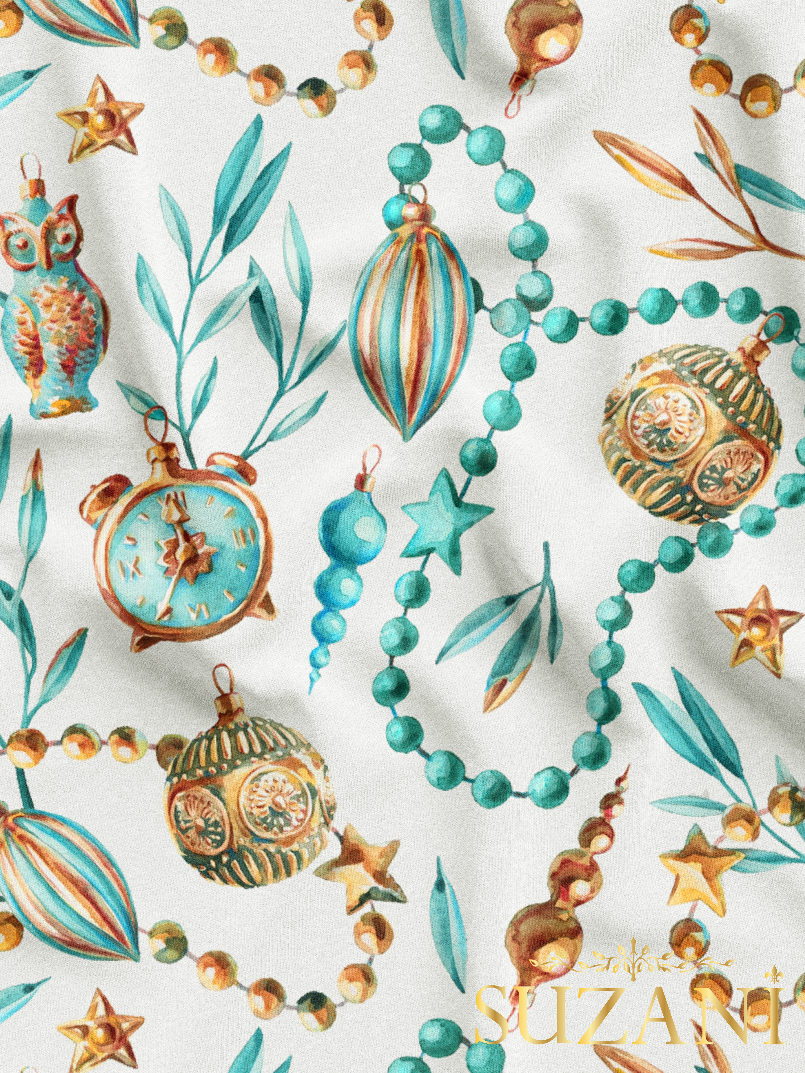 Mavi Yılbaşı Süsleri Desenli Dijital Baskılı Kumaş