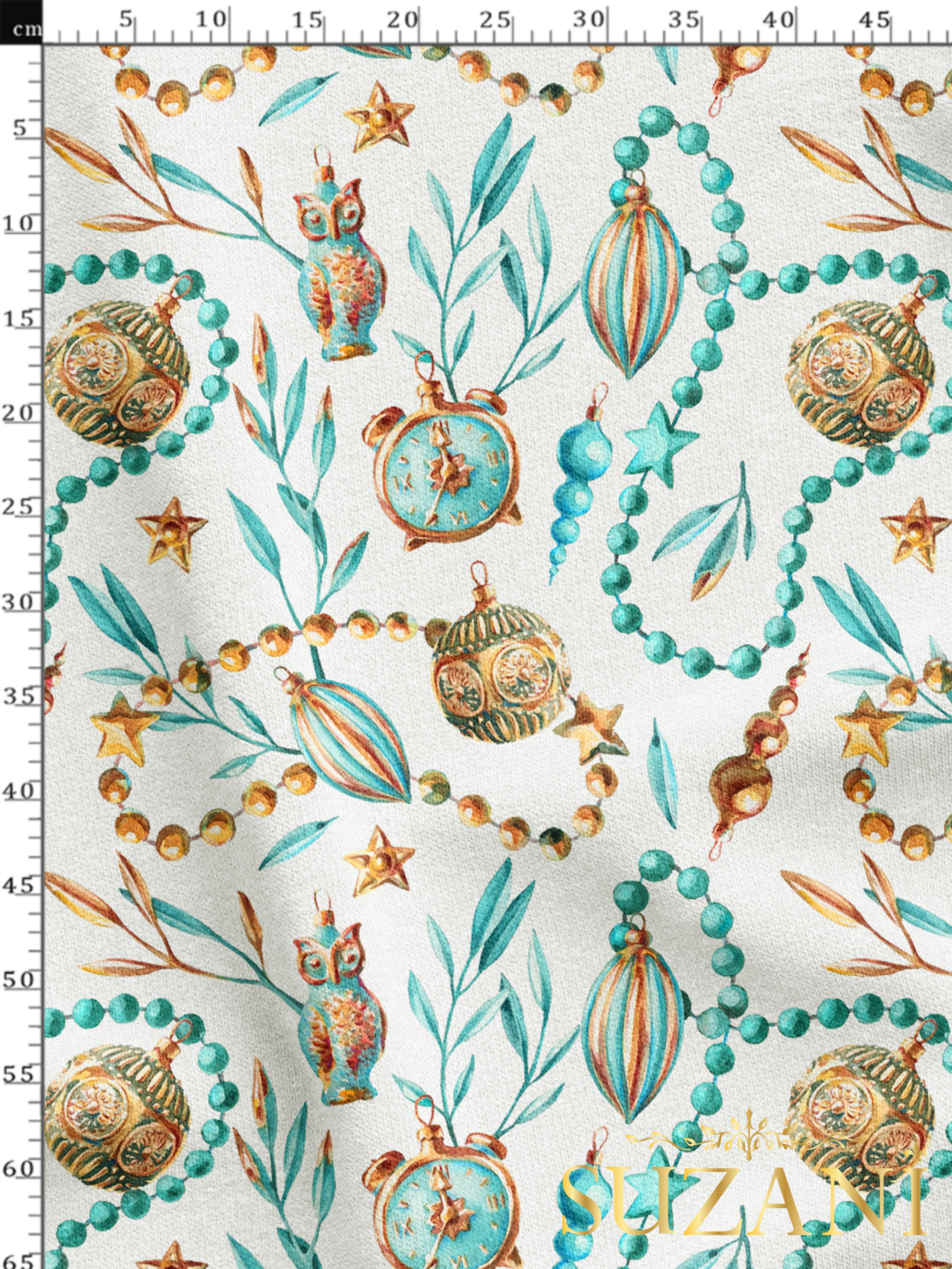 Mavi Yılbaşı Süsleri Desenli Dijital Baskılı Kumaş