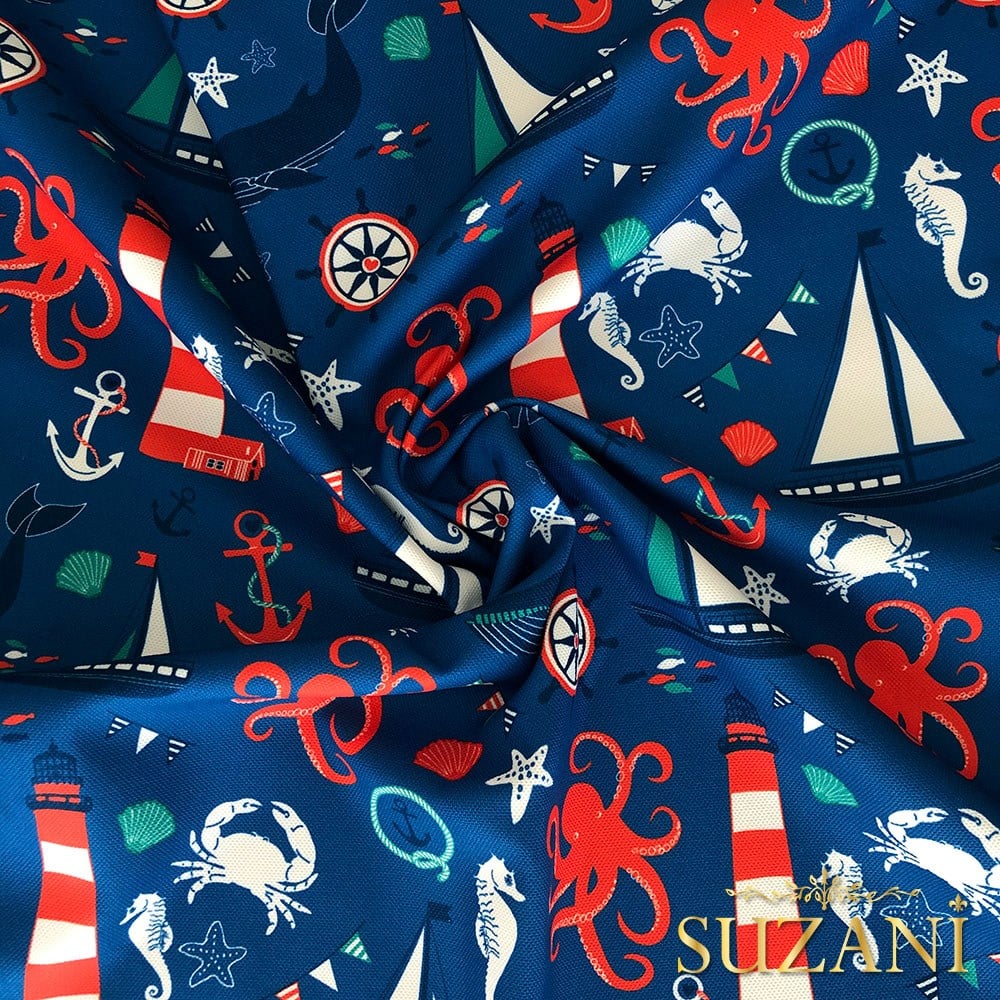Mavi Zemin Denizci Desenli Dijital Baskılı Kumaş
