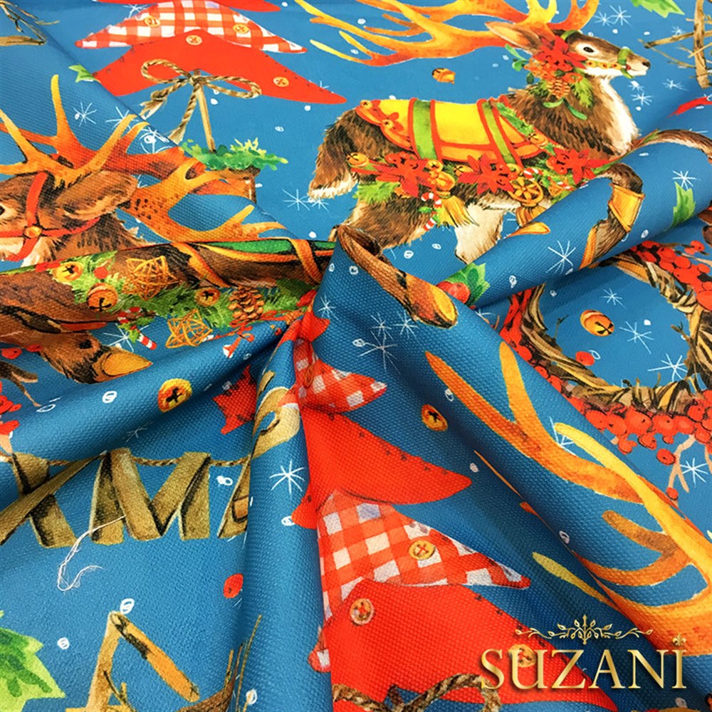 Mavi Zemin Geyikli Yılbaşı Desenli Kumaş