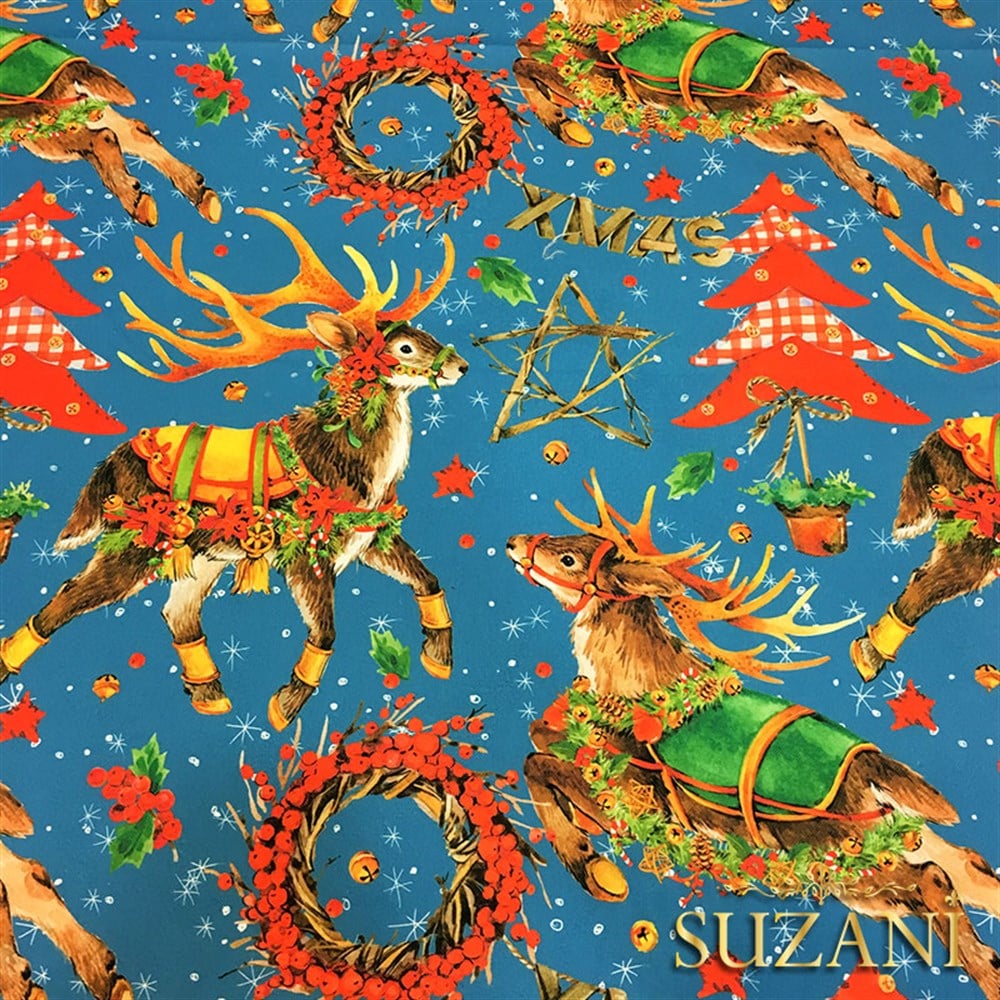 Mavi Zemin Geyikli Yılbaşı Desenli Kumaş