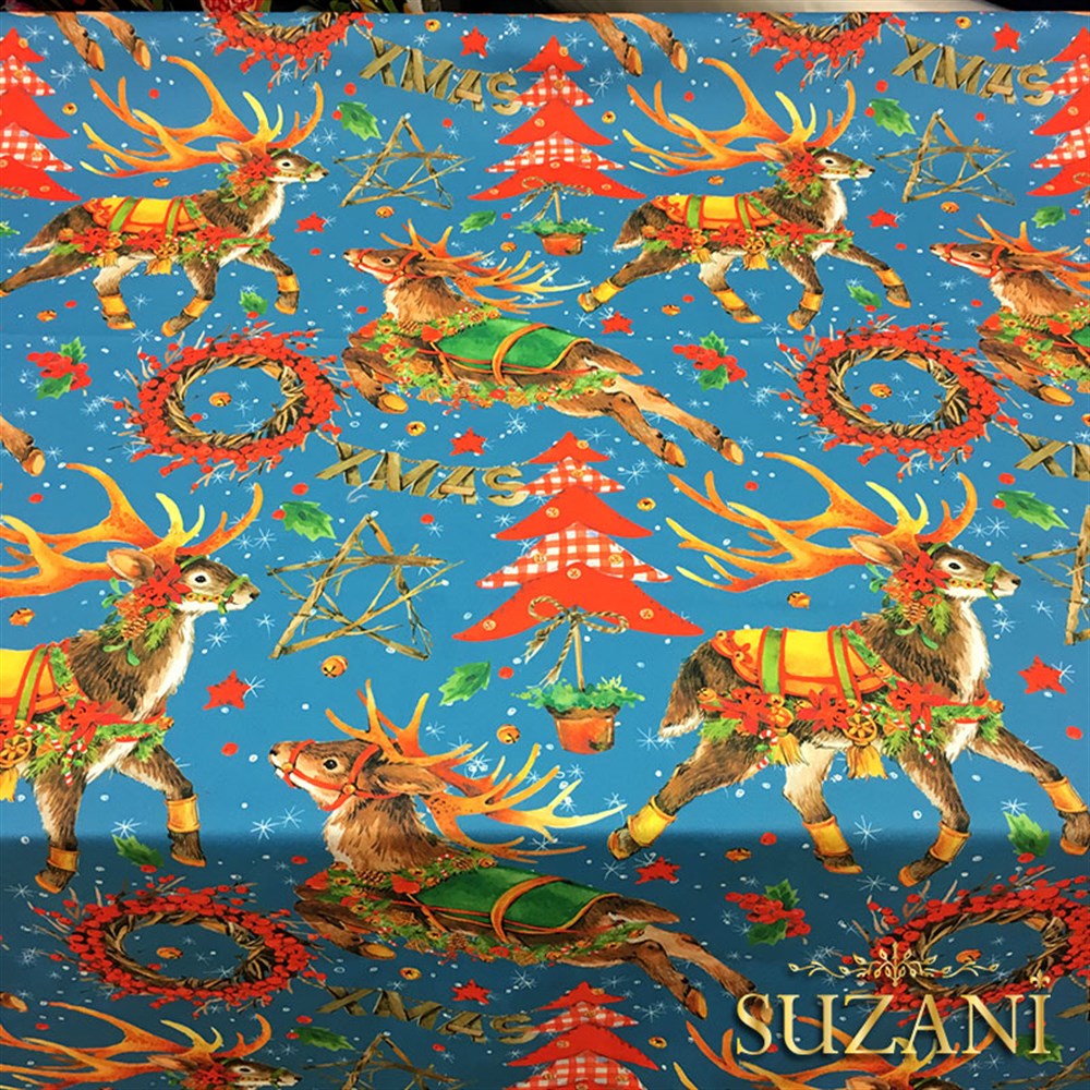 Mavi Zemin Geyikli Yılbaşı Desenli Kumaş