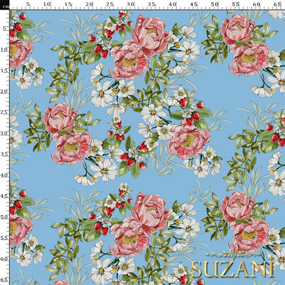 Mavi Zemin Şakayık Desenli Dijital Baskılı Kumaş