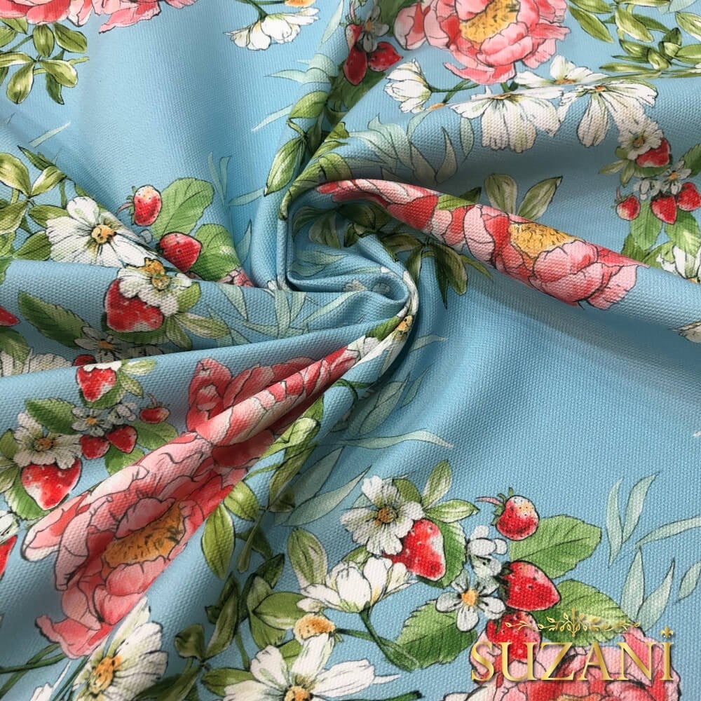 Mavi Zemin Şakayık Desenli Dijital Baskılı Kumaş