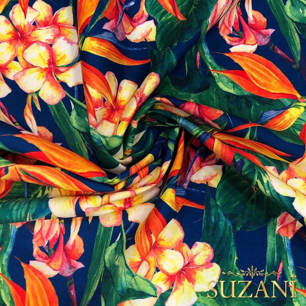 Mavi Zemin Tropik Çiçekler Dijital Baskılı Kumaş