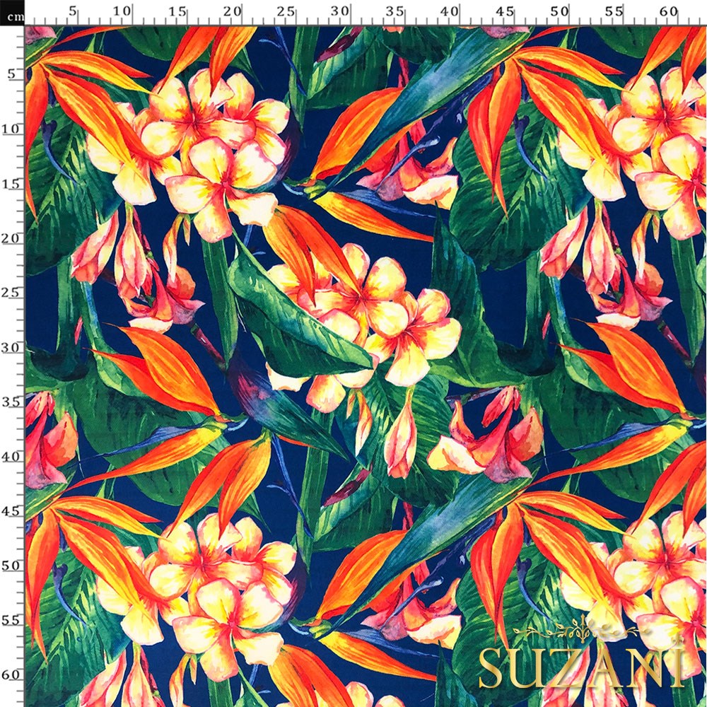 Mavi Zemin Tropik Çiçekler Dijital Baskılı Kumaş