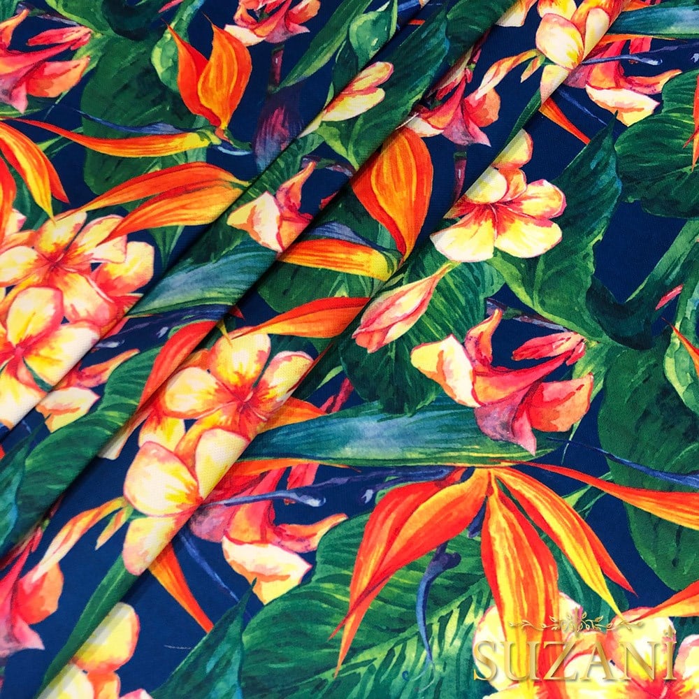 Mavi Zemin Tropik Çiçekler Dijital Baskılı Kumaş