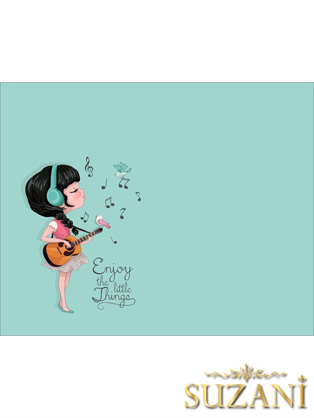 Mavi Zeminli Gitar Çalan Kız Desenli 3'lü Beslenme Örtüsü, Amerikan Servisi Kumaşı