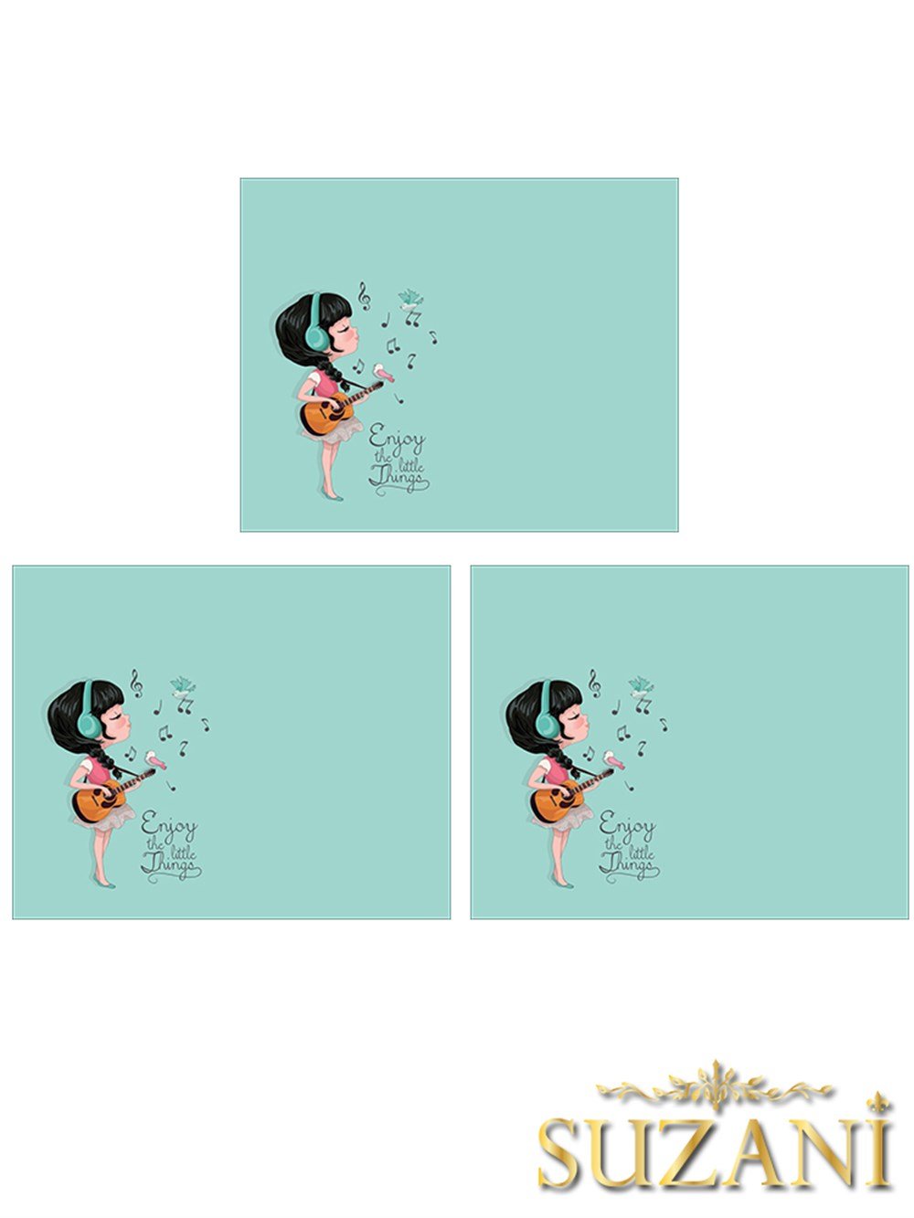 Mavi Zeminli Gitar Çalan Kız Desenli 3'lü Beslenme Örtüsü, Amerikan Servisi Kumaşı